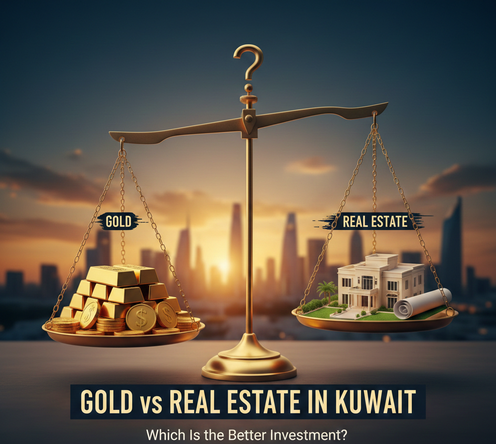 Comparison showing gold investment versus real estate investment in Kuwait based on returns, liquidity and risk