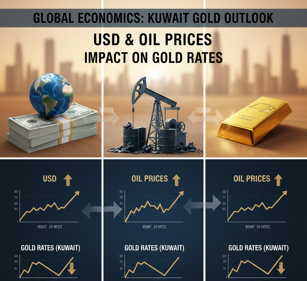 Chart showing impact of US dollar strength and oil prices on gold rates in Kuwait