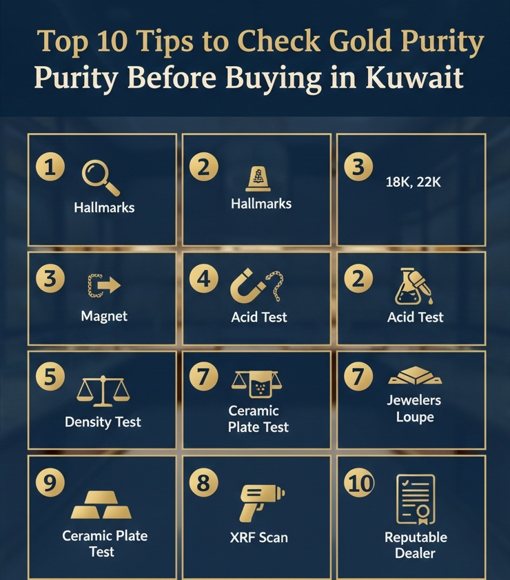 Buyer checking gold purity in Kuwait using karat markings and testing methods