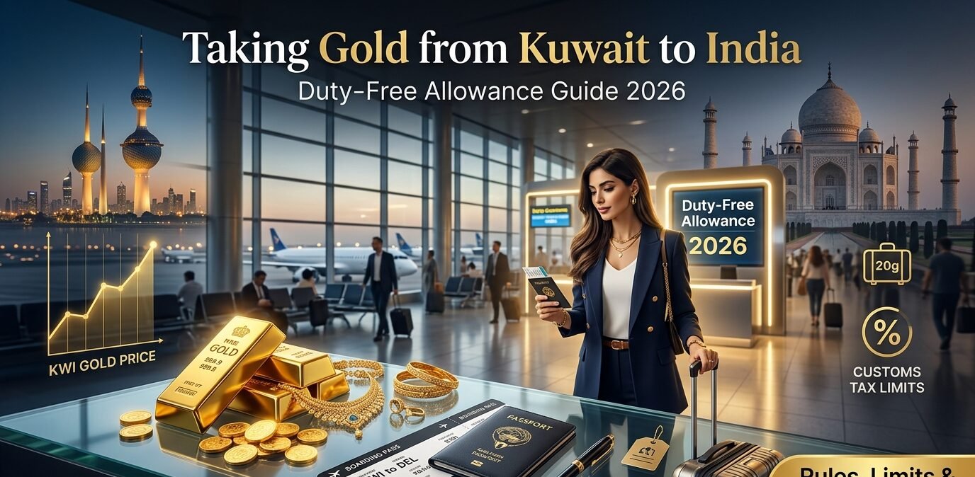 Duty-free gold allowance from Kuwait to India in 2026 showing customs limits for NRIs