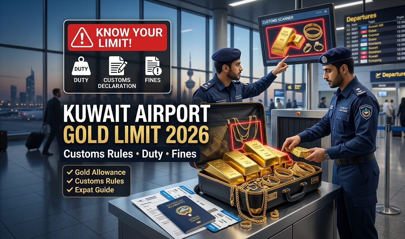 Kuwait airport gold limit 2026 showing customs rules, declaration requirements, and fines for expats