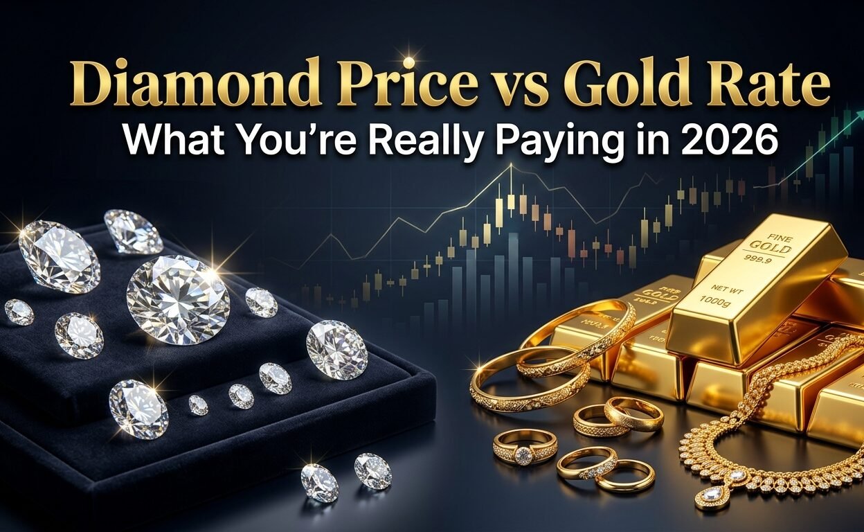 Diamond price vs gold rate comparison showing actual costs, resale value, and jewelry pricing