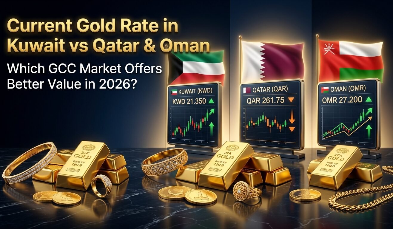 Current gold rate in Kuwait vs Qatar and Oman comparing 22K and 24K gold prices