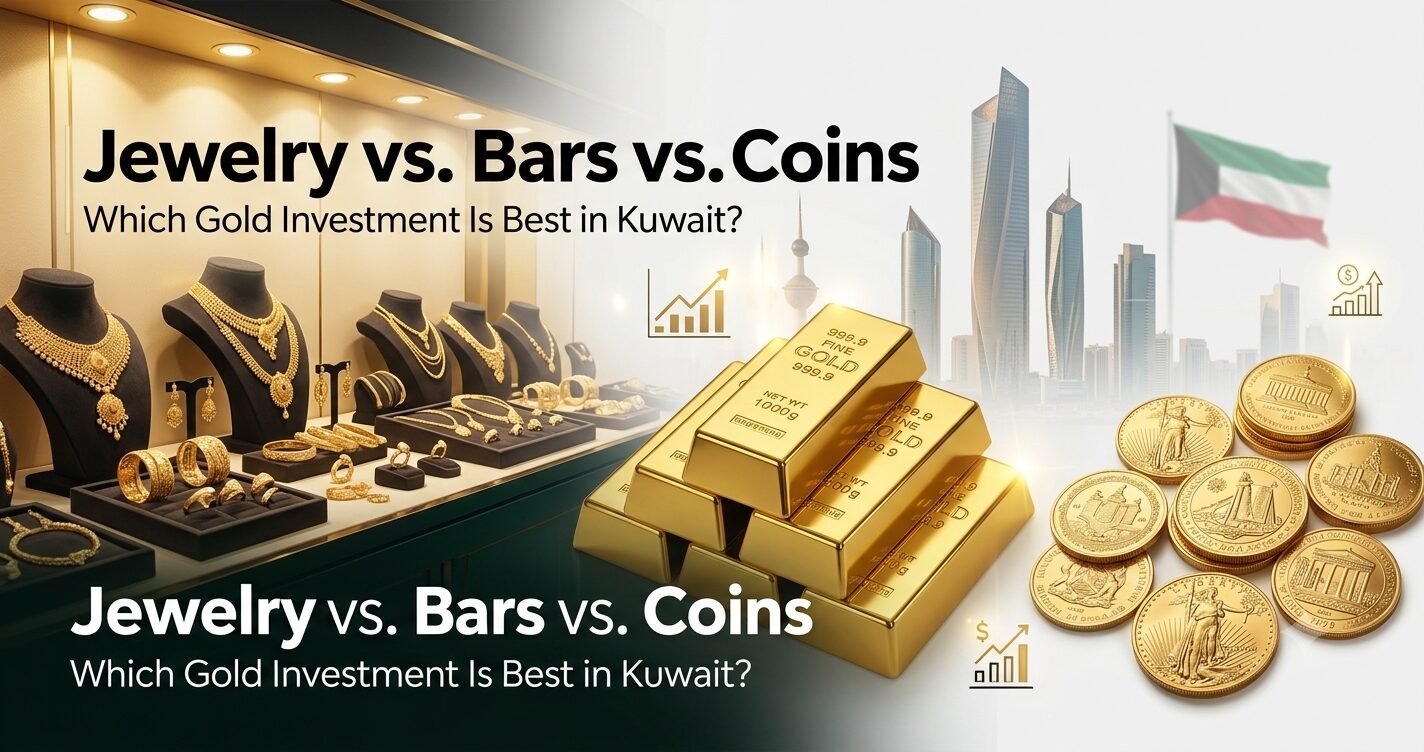 Jewelry vs Bars vs Coins in Kuwait comparison showing gold jewelry, gold bars, and investment gold coins to help buyers choose the best gold investment option.